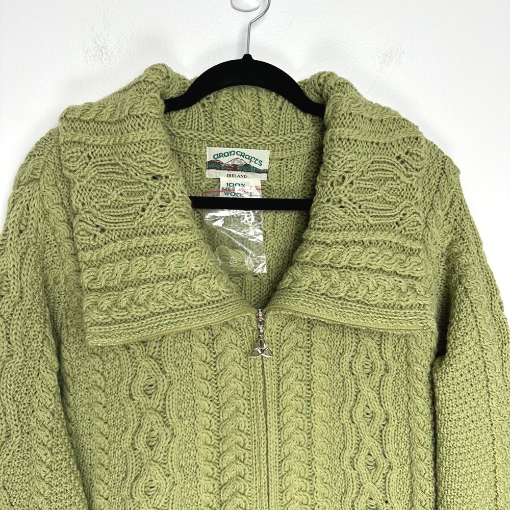NWOT Aran Crafts Merino Wool Butterfly Stitch Long Zip Cardigan‎ Green XL - Picture 3 of 8